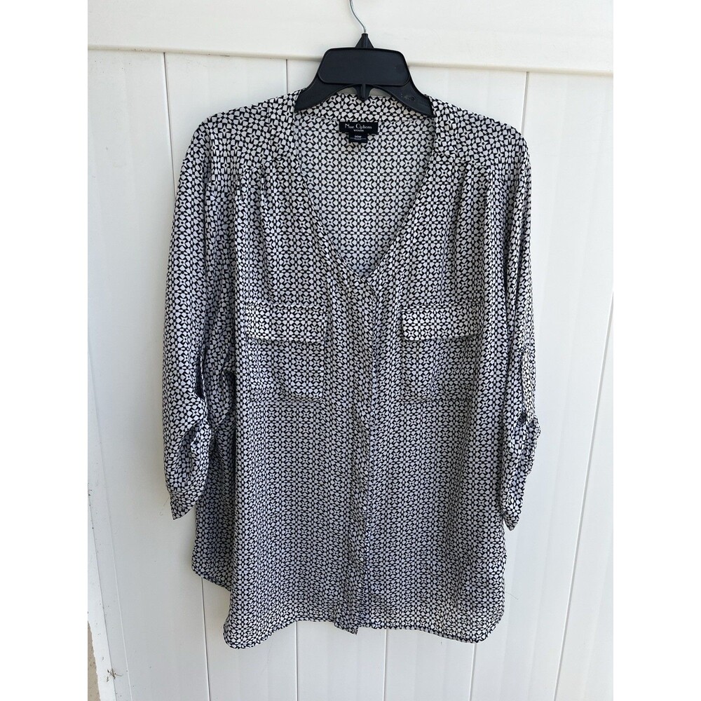 Nue Options Black White Geometric 3/4 Sleeve Button Up Womens Plus Sz 20W